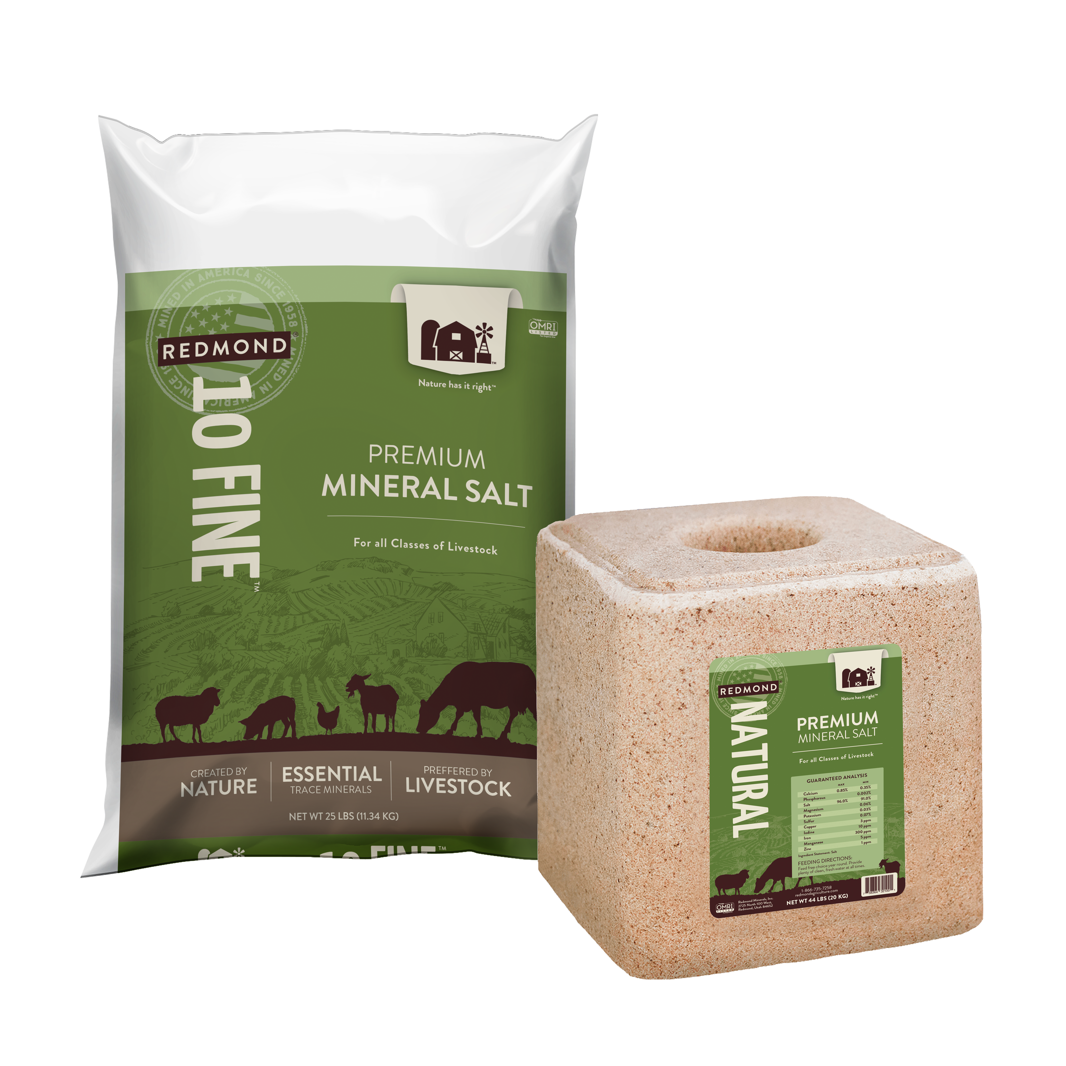 A 25-pound bag and 5-pound pouch of Redmond Sheep Mineral, premium mineral supplements for sheep.