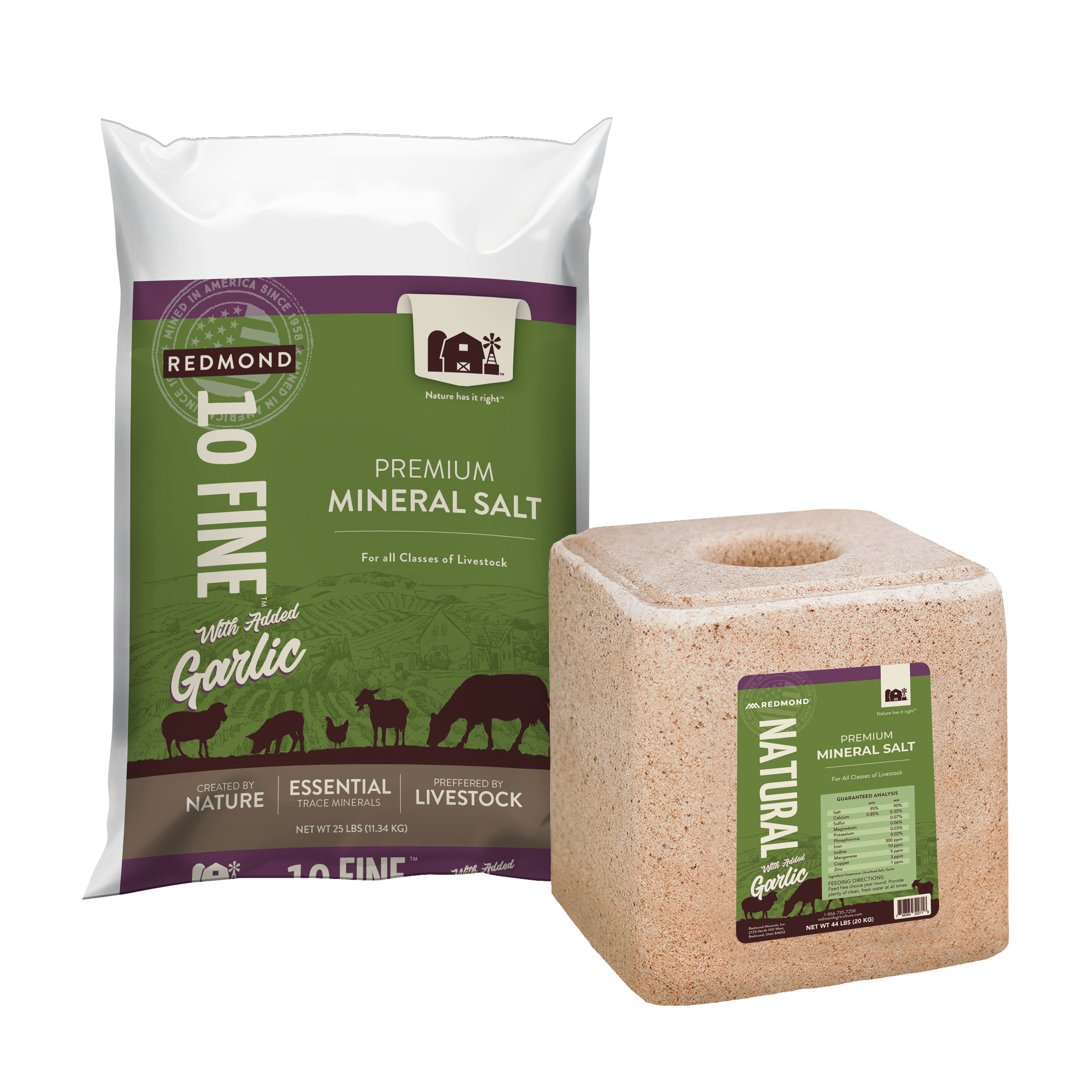  A 25-pound bag and 5-pound pouch of Redmond Sheep Mineral, premium mineral supplements for sheep.