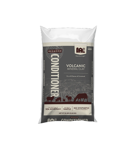 A 25-pound bag of Redmond Conditioner, a bentonite clay supplement for livestock.