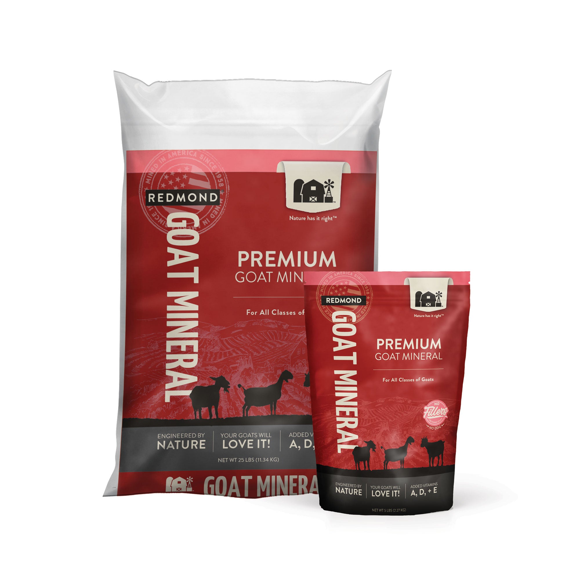  A 25-pound bag and 5-pound pouch of Redmond Sheep Mineral, premium mineral supplements for sheep.