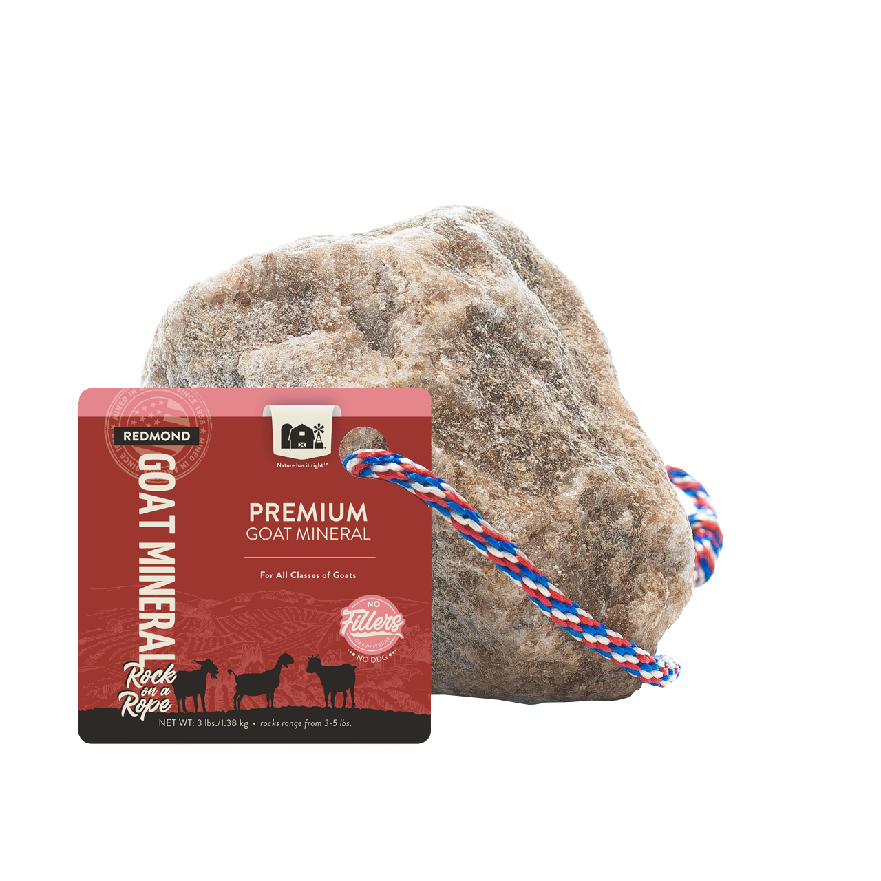  A 25-pound bag and 5-pound pouch of Redmond Sheep Mineral, premium mineral supplements for sheep.